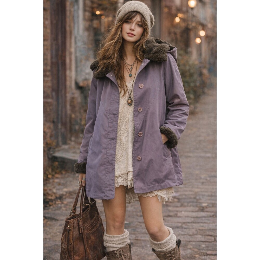 Vintage Fitz Lavender Faux Fur Lined Hooded Winter Parka Coat Womens M/L